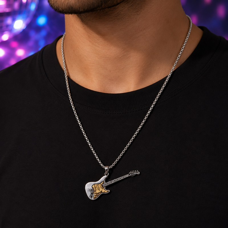 Guitar Pendant for Men with chain | stainless steel, Anti tarnish Necklace for men & boys in Silver & Gold