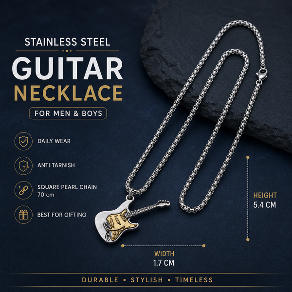 Guitar Pendant for Men with chain | stainless steel, Anti tarnish Necklace for men & boys in Silver & Gold