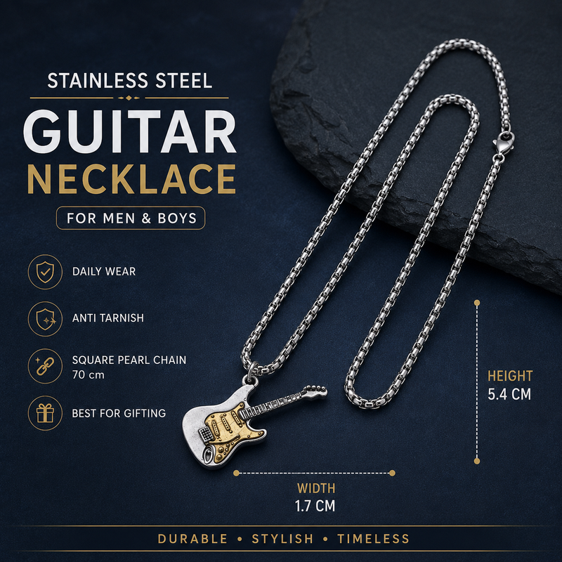 Guitar Pendant for Men with chain | stainless steel, Anti tarnish Necklace for men & boys in Silver & Gold