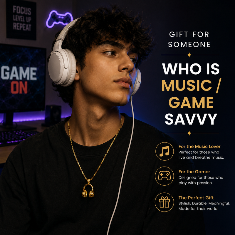 Headphone Pendant for Men in 304 Grade Stainless Steel with 18K Gold Plated | Anti Tarnish & 6 Months Warranty