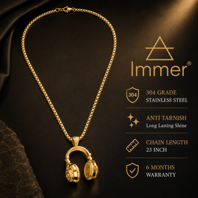 Headphone Pendant for Men in 304 Grade Stainless Steel with 18K Gold Plated | Anti Tarnish & 6 Months Warranty