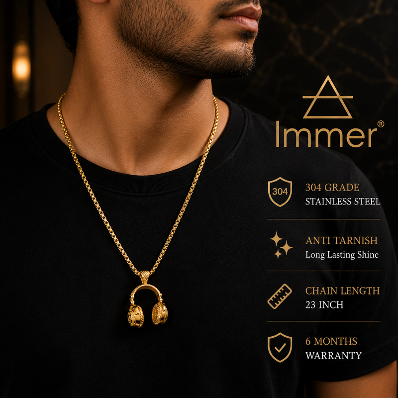 Headphone Pendant for Men in 304 Grade Stainless Steel with 18K Gold Plated | Anti Tarnish & 6 Months Warranty