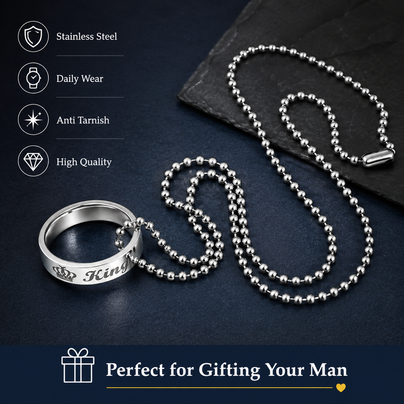 King Engraved Ring Pendant with Chain for Men | Stainless Steel & Anti Tarnish | Best Gift for Men