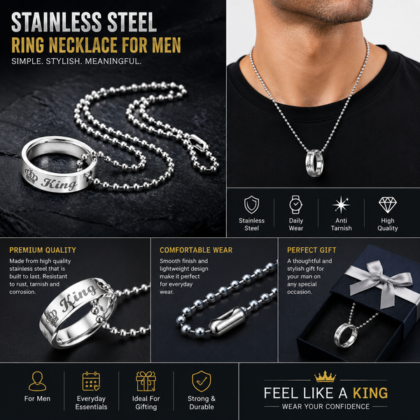 King Engraved Ring Pendant with Chain for Men | Stainless Steel & Anti Tarnish | Best Gift for Men