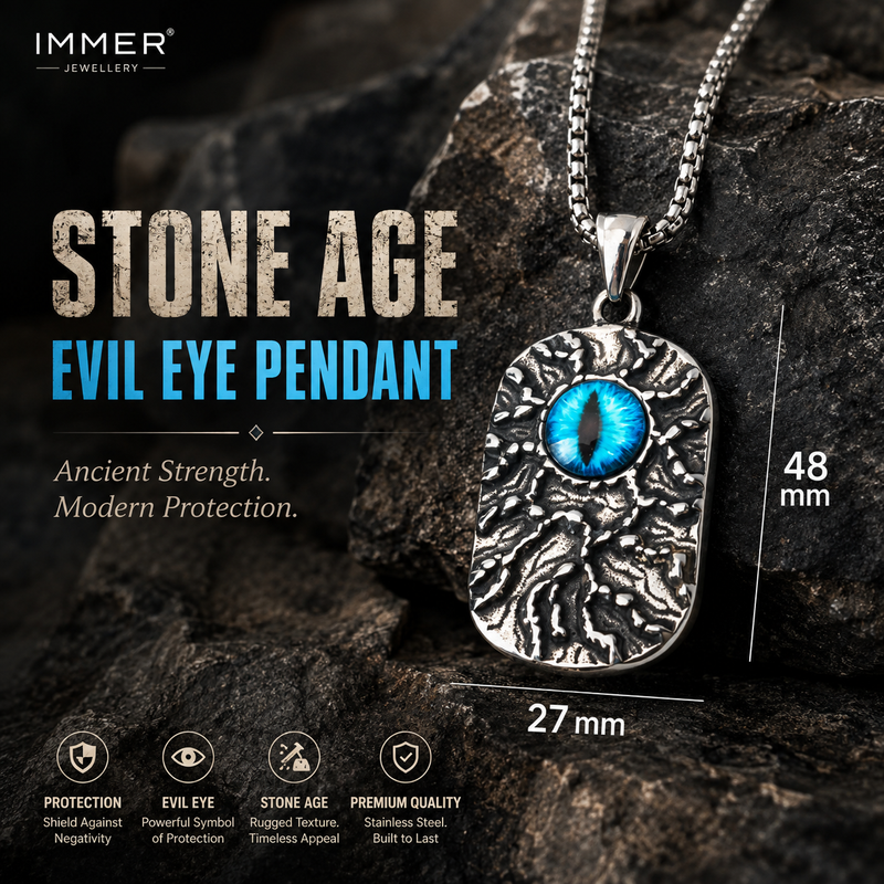 Evil Eye Stoneage Pendant for Men | Stainless Steel Textured Pendant with chain | Anti-Tarnish & Hypoallergenic - 55cm