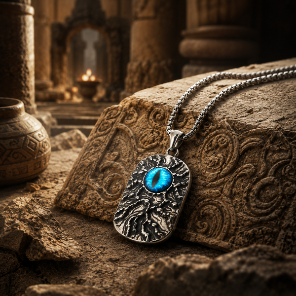 Evil Eye Stoneage Pendant for Men | Stainless Steel Textured Pendant with chain | Anti-Tarnish & Hypoallergenic - 55cm