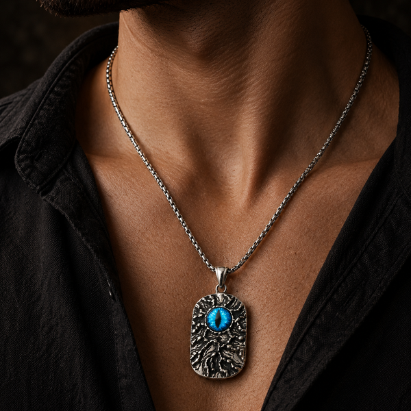 Evil Eye Stoneage Pendant for Men | Stainless Steel Textured Pendant with chain | Anti-Tarnish & Hypoallergenic - 55cm