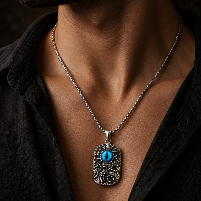 Evil Eye Stoneage Pendant for Men | Stainless Steel Textured Pendant with chain | Anti-Tarnish & Hypoallergenic - 55cm