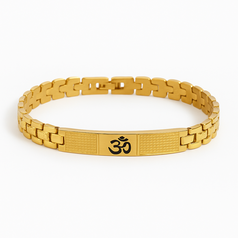 Om Bracelet for Men – Small | 18K Gold Plated Stainless Steel Adjustable | Spiritual Jewellery with Om Engraving | Religious Bracelet for Men