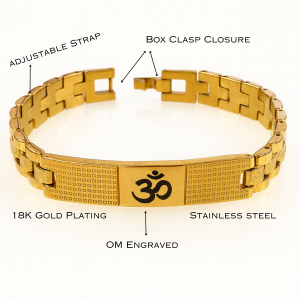 Om Bracelet for Men – Small | 18K Gold Plated Stainless Steel Adjustable | Spiritual Jewellery with Om Engraving | Religious Bracelet for Men